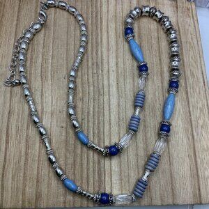 Chico's Blue & Silver Tone Long Beaded Necklace